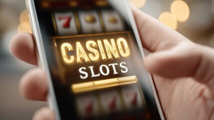 Close-up of a hand holding a smartphone displaying a vibrant casino slots game interface, showcasing colorful graphics and engaging gameplay for mobile entertainment