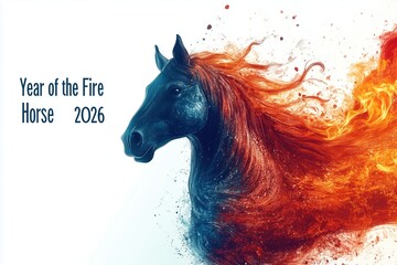 Fiery artistic illustration of a horse with text &ldquo;Year of the Fire Horse 2026&rdquo;.