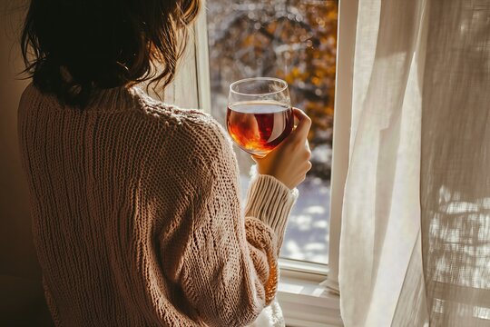 Woman in a cozy pink knit sweater holding a glass of hot tea, looking out a window at a sunny, snowy winter landscape. - Powered by Adobe