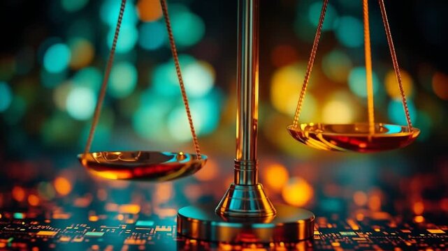 Bright digital scales symbolize balance and justice in a shining technological landscape. 4k video