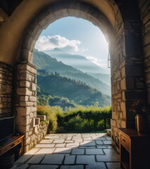 Stone Archway View Over Misty Greek Mountains