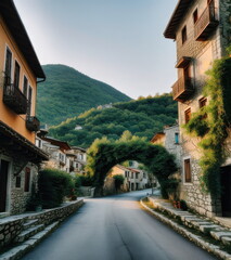 Foliage-Framed Street in a Greek Mountain Village