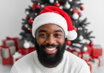 Happy Black Man in Santa Hat Smiling in Front of Christmas Tree