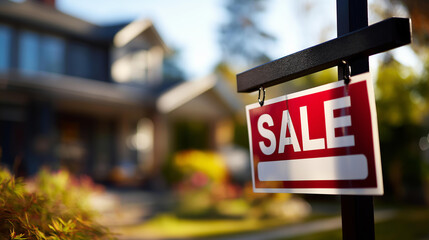 For sale property sign display defocused residential background real estate marketing dwelling listing visualization home selling advertisement scene with copy space