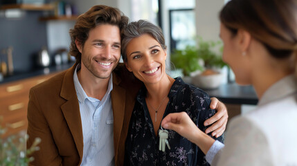 Female property agent displaying new dwelling to couple indoors faceless realtor showing residence defocused home background property viewing scene residential presentation