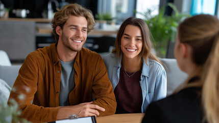 Young cheerful couple conversing with property agent acquiring new residence faceless happy pair and realtor defocused home interior background purchasing consultation scene