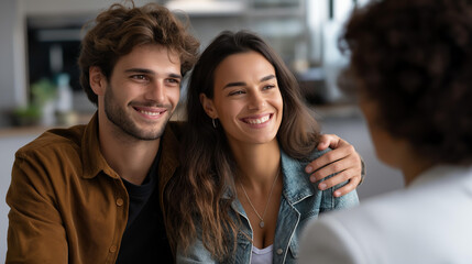 Young cheerful couple conversing with property agent acquiring new residence faceless happy pair and realtor defocused home interior background purchasing consultation scene