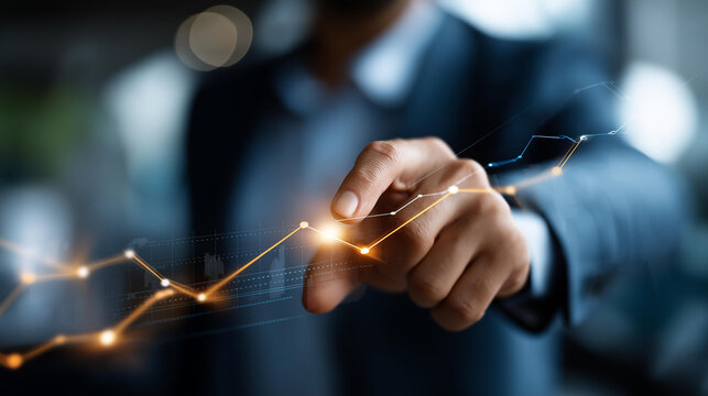 Business hand engaging on property graph visualization faceless professional defocused data background real estate analytics display market trend touching scene investment