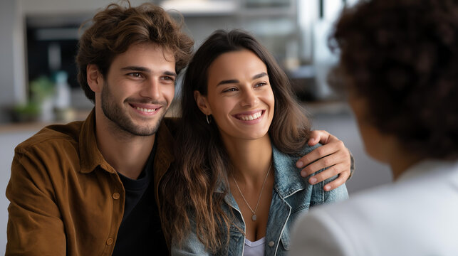 Young cheerful couple conversing with property agent acquiring new residence faceless happy pair and realtor defocused home interior background purchasing consultation scene - Powered by Adobe