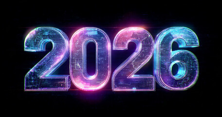 Glowing numbers in blue and pink display 2026, a futuristic digital design for presentations, branding, and posters.