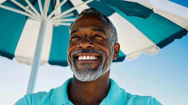 Joyful summer vibes under sun umbrella with smiling man on beach