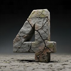 Realistic Stone Crafted Number Four with Cracked Detail and Ground Texture