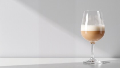 Coffee cocktail with creamy foam in an elegant glass on a minimalist background