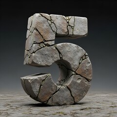 Stone Textured Number Five with Cracks and Moss Decorative Element
