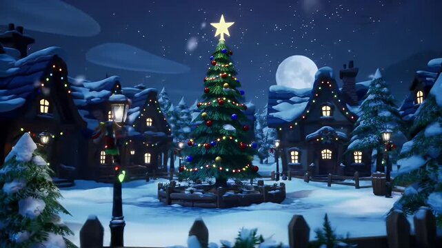Cozy Nighttime Winter Village Scene Featuring a Large Decorated Christmas Tree and Moonlit Snow
