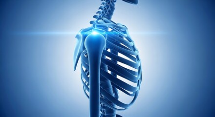 3D Digital Illustration of Human Skeleton and Rib Cage with Focus on Painful or Inflamed Shoulder Joint, Medical Anatomy Concept
