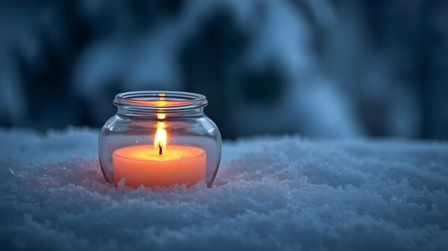 A warm candle in a glass jar placed on snow, symbolizing warmth and calm in a cold winter landscape.