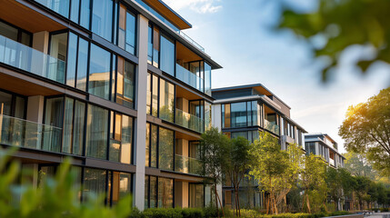 Fototapeta premium Part of contemporary residential apartment with flat structure exterior defocused architectural background detail of luxury dwelling complex fragment city property condo
