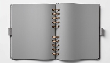 Open gray notebook with spiral binding on white background  