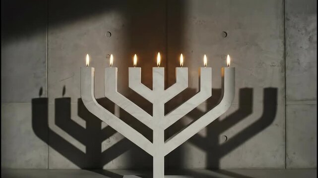 Minimalist Hanukkah menorah with lit candles against a concrete background, casting warm shadows for Jewish holiday celebration concept and spiritual tradition