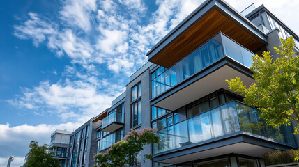 Fototapeta premium Detail of contemporary residential apartment flat structure exterior defocused architectural background fragment of luxury dwelling complex city property condo architecture