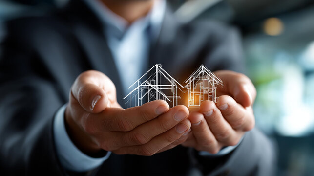 Professional holding structure of property icons faceless businessman defocused background engineering construction visualization investment business development real estate - Powered by Adobe