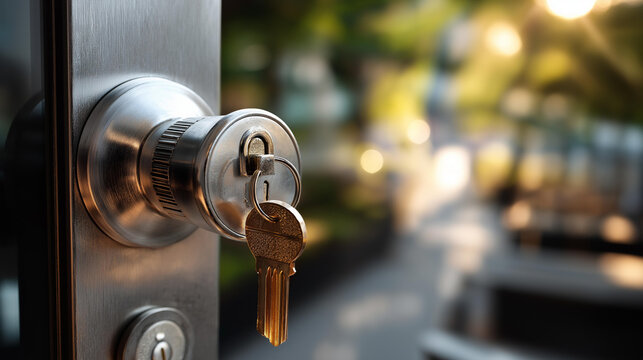 Unlocked entrance with access devices in keyhole defocused door background key insertion display opening mechanism scene residential entry visualization access control