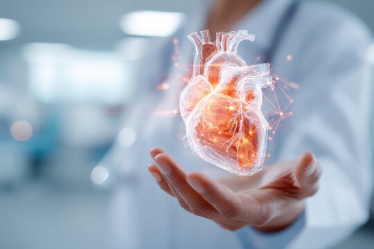 Holographic heart model held by doctor