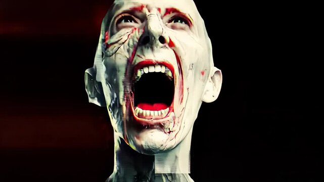 Horror Face Mask Scream: Sinister Distorted Male Expression in Dramatic Monochrome Digital Art