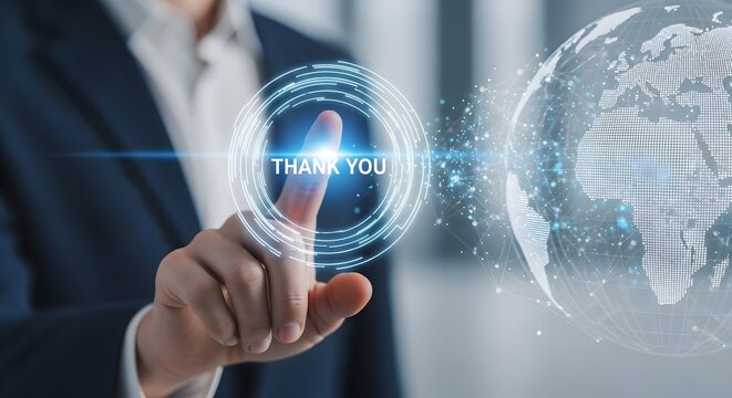 Businessperson touching a digital thank you button with a global network