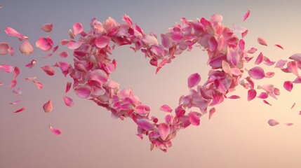 Romantic Rose Petal Heart Swirling in Soft Wind on a Beautiful Pastel Background for Wedding Invitation Design