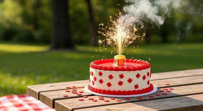 Canada Day celebration cake with a lit sparkler. Festive dessert with red maple leaf decorations on an outdoor picnic table for a summer party