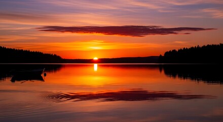 Obraz premium Fiery Lake Sunset Silhouetted Trees Boat and Vibrant Reflections.