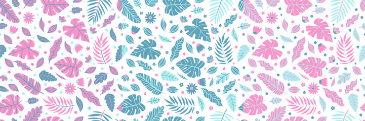 Seamless tropical pattern set featuring vibrant flowers and lush jungle leaves. Abstract floral vector design with exotic plants, ideal for summer textiles and modern wallpaper prints. Pink and blue 