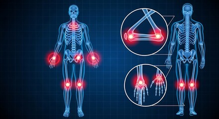 Human Skeleton with Joint Pain. Medical X-ray style illustration showing arthritis or inflammation with red glowing joints.