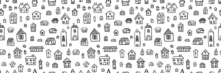 Seamless pattern with hand-drawn houses in simple black line art. Playful doodle village design on a white background. Perfect for wallpapers, kids projects, wrapping paper, cute decorative prints.