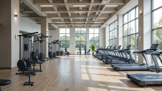 An aesthetically pleasing gymnasium, showcasing fitness equipment and abundant natural lighting. 4k video