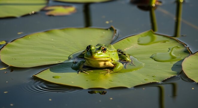 Green Frog on Lily Pad Serene Pond Reflection Natures Beauty CloseUp. - Powered by Adobe