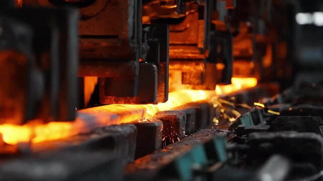 Medium shot capturing dynamic industrial setting where heated titanium rods are extruded highlighting the interplay of machinery heat and material transformation.