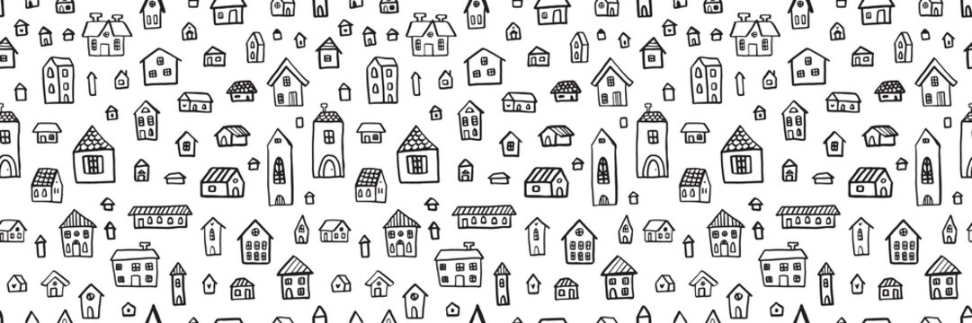 Seamless pattern with hand-drawn houses in simple black line art. Playful doodle village design on a white background. Perfect for wallpapers, kids projects, wrapping paper, cute decorative prints.