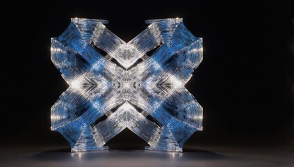 Mirrored geometric structure with translucent blue/white elements