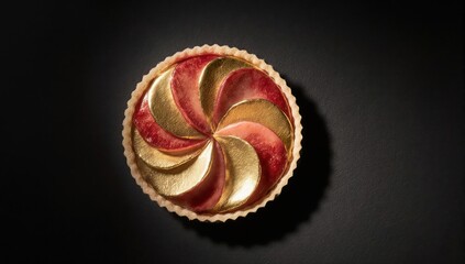 Overhead view of a gold-flecked fruit tart, intricate design, dark background