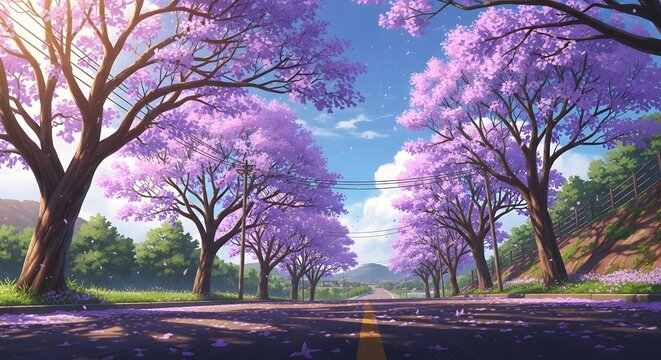 Idyllic Anime Road Lined with Blooming Purple Jacaranda Trees Scattered Petals and Bright Sunlight.