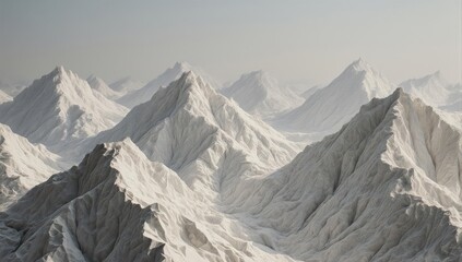 Snowy peaks rise into a hazy sky, forming a vast mountain range