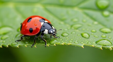 Obraz premium Ladybug on Wet Leaf Macro Shot of Red Insect with Water Droplets.