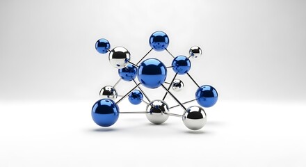3D render of a molecular structure with interconnected glossy blue and silver spheres on a white background, representing science, technology, and connection.