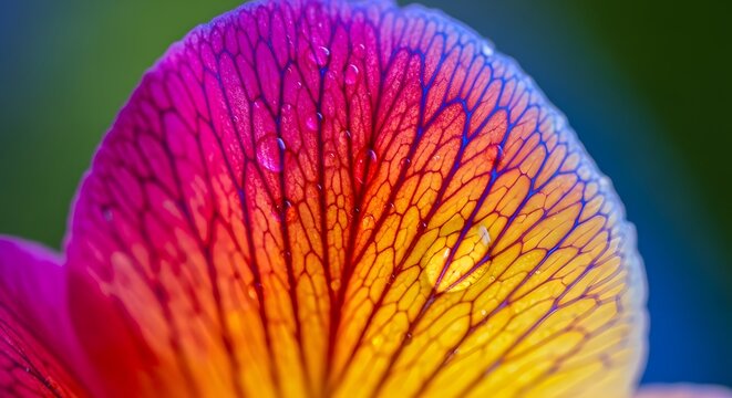 Macro Shot of a Vibrant Translucent Flower Petal with Intricate Blue Veins and Sparkling Water Droplets.