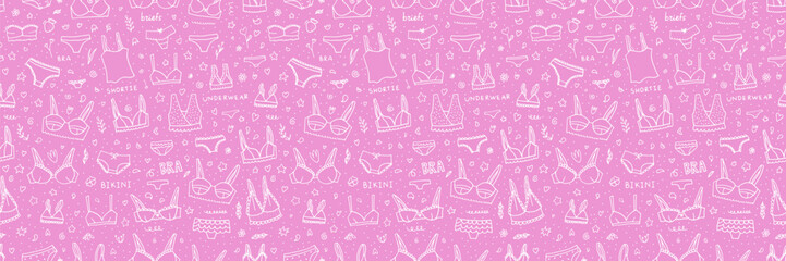 Seamless pattern with hand-drawn lingerie doodles. Pink bra and underwear illustrations create a playful, feminine background perfect for textile designs or bachelorette invitations. Vector art