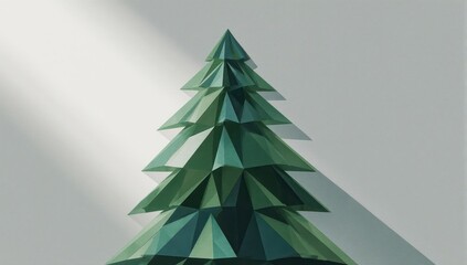 Geometric green fir tree casting a shadow on a white background