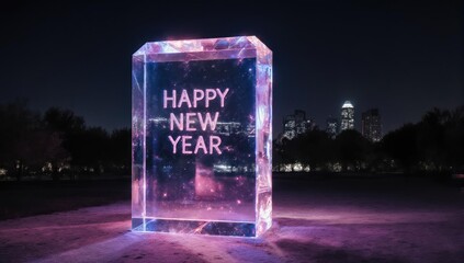Illuminated crystal displaying "Happy New Year" in a city park at night